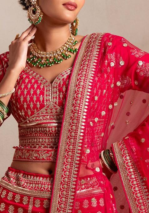 Buy Women Rani Pink Sequin Zari Embroidered Bridal Lehenga And Blouse ...