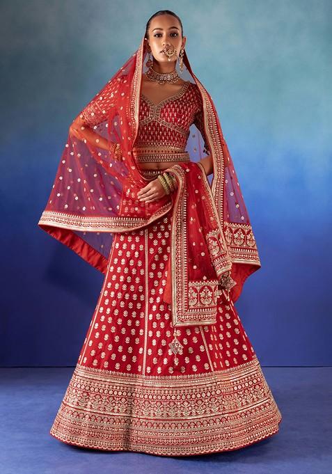 Red Zari Embroidered Silk Bridal Lehenga And Blouse Set With Dupatta And Belt