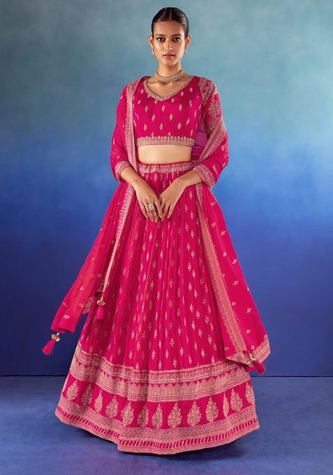 Bright Pink Sequin Zari Embroidered Lehenga Set With Embroidered Blouse And Dupatta