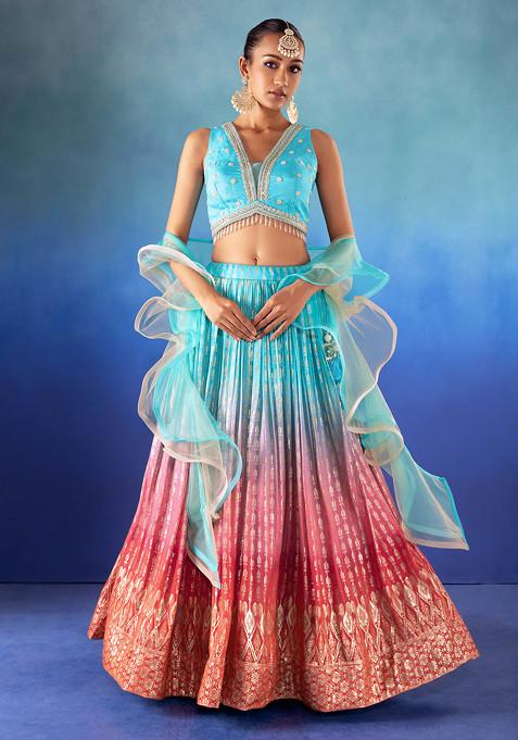 Sky Blue And Red Ombre Brocade Lehenga Set With Embellished Blouse And Dupatta