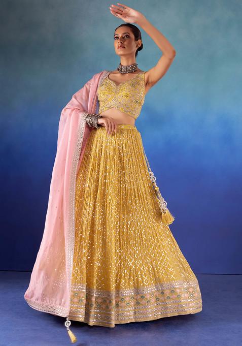 Pale Yellow Mukaish Georgette Choli with Brocade Lehenga and Mukaish Net  Dupatta