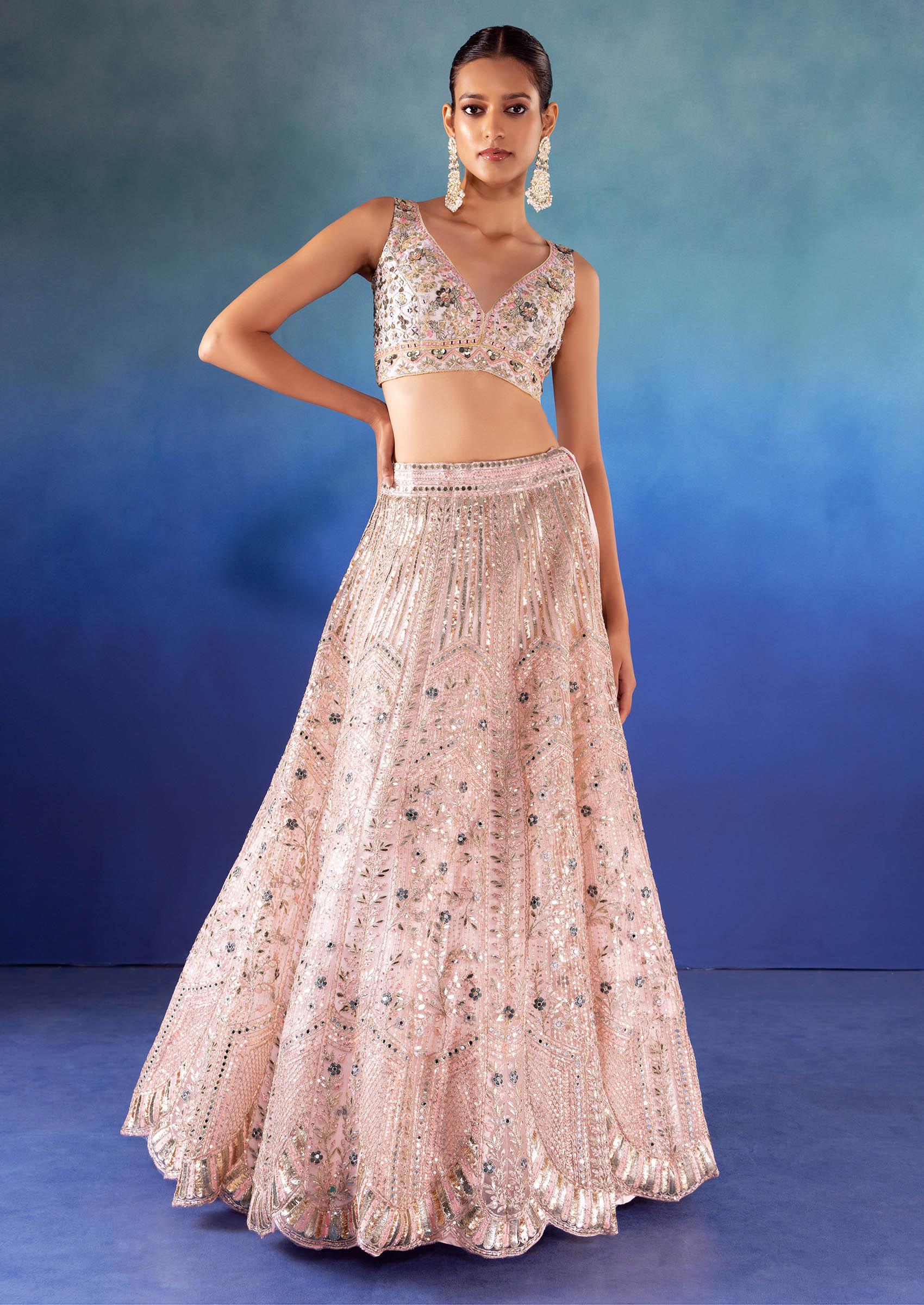 Buy Blue Lehenga Georgette Embroidered Floral Leaf Neck Print Set For Women  by Naintara Bajaj Online at Aza Fashions.