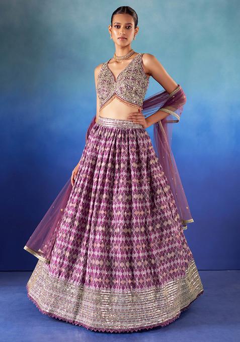 Purple Abstract Print Lehenga Set With Embellished Blouse And Dupatta