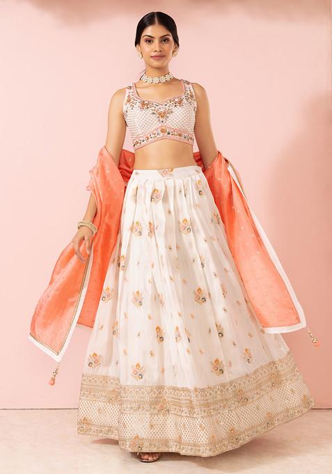 Off White Zari Embroidered Brocade Lehenga Set With Blouse And Contrast Dupatta