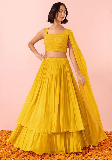 Mustard Tiered lehenga Set With Sequin Embroidered Blouse And Dupatta