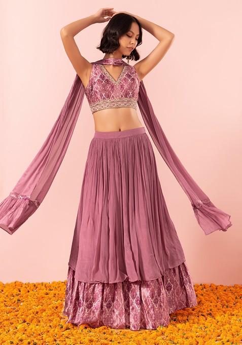 Dull Pink Lehenga Set With Abstract Print Blouse And Dupatta