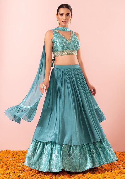 Teal Blue Lehenga Set With Abstract Print Blouse And Dupatta