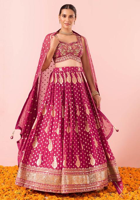 Pink Paisley Zari Embroidered Lehenga Set With Embroidered Blouse And Dupatta