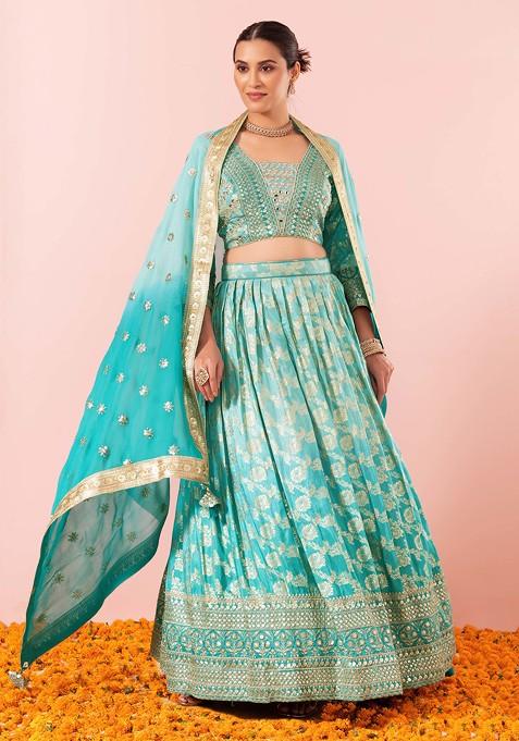 Teal Floral Embroidered Chanderi Lehenga Set With Embroidered Blouse And Dupatta