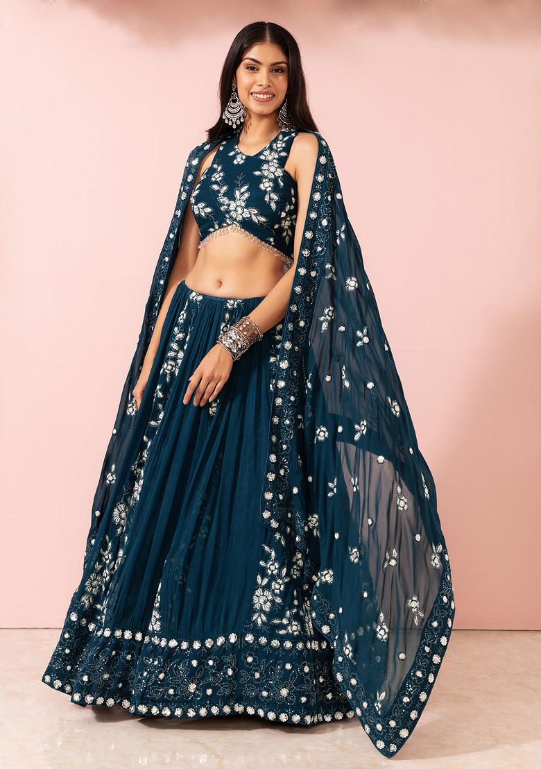 Teal Floral Thread Embroidered Lehenga Set With Halter Blouse And Dupatta - Indya