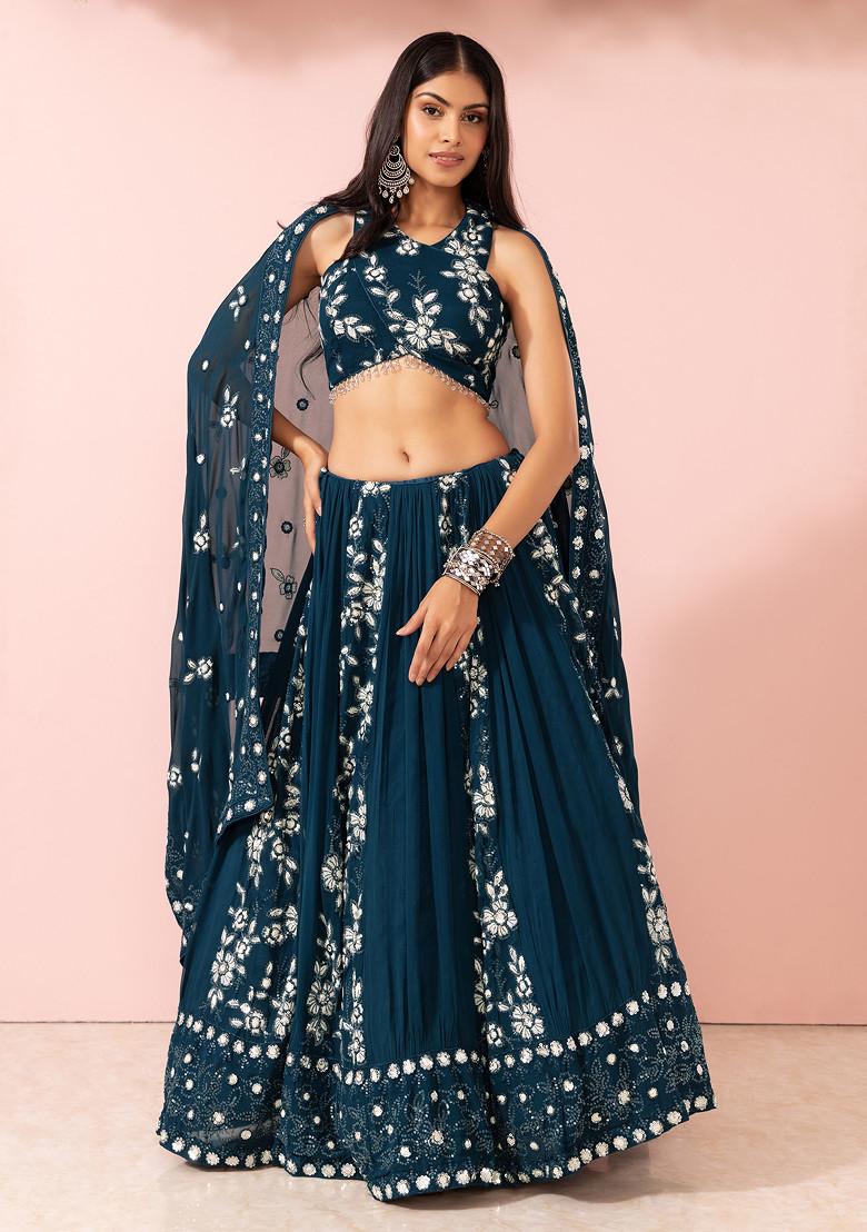 Teal Floral Thread Embroidered Lehenga Set With Halter Blouse And Dupatta - Indya