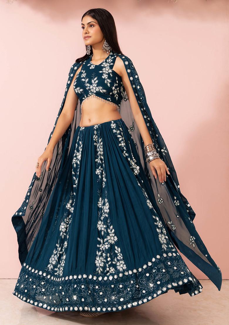 Teal Floral Thread Embroidered Lehenga Set With Halter Blouse And Dupatta - Indya