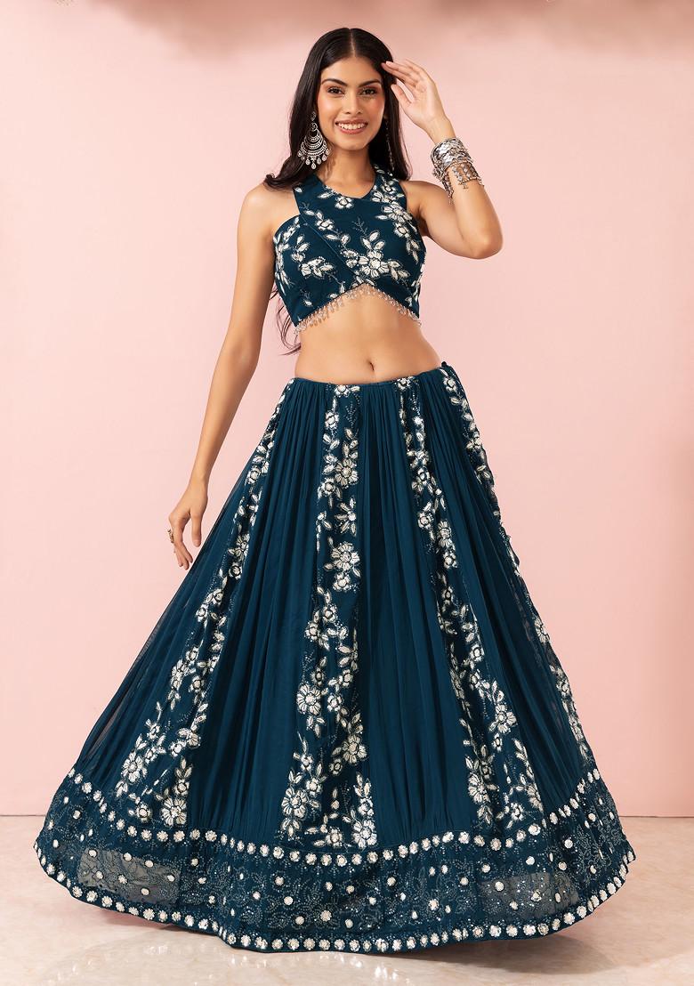 Teal Floral Thread Embroidered Lehenga Set With Halter Blouse And Dupatta - Indya