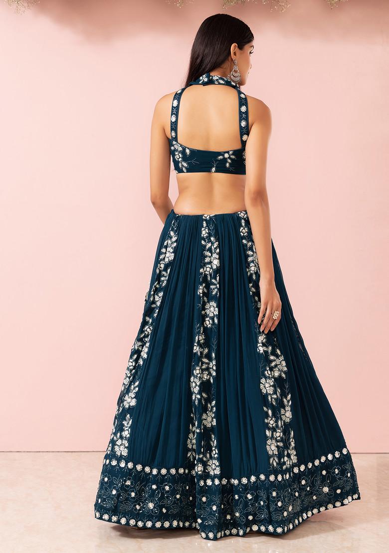 Teal Floral Thread Embroidered Lehenga Set With Halter Blouse And Dupatta - Indya