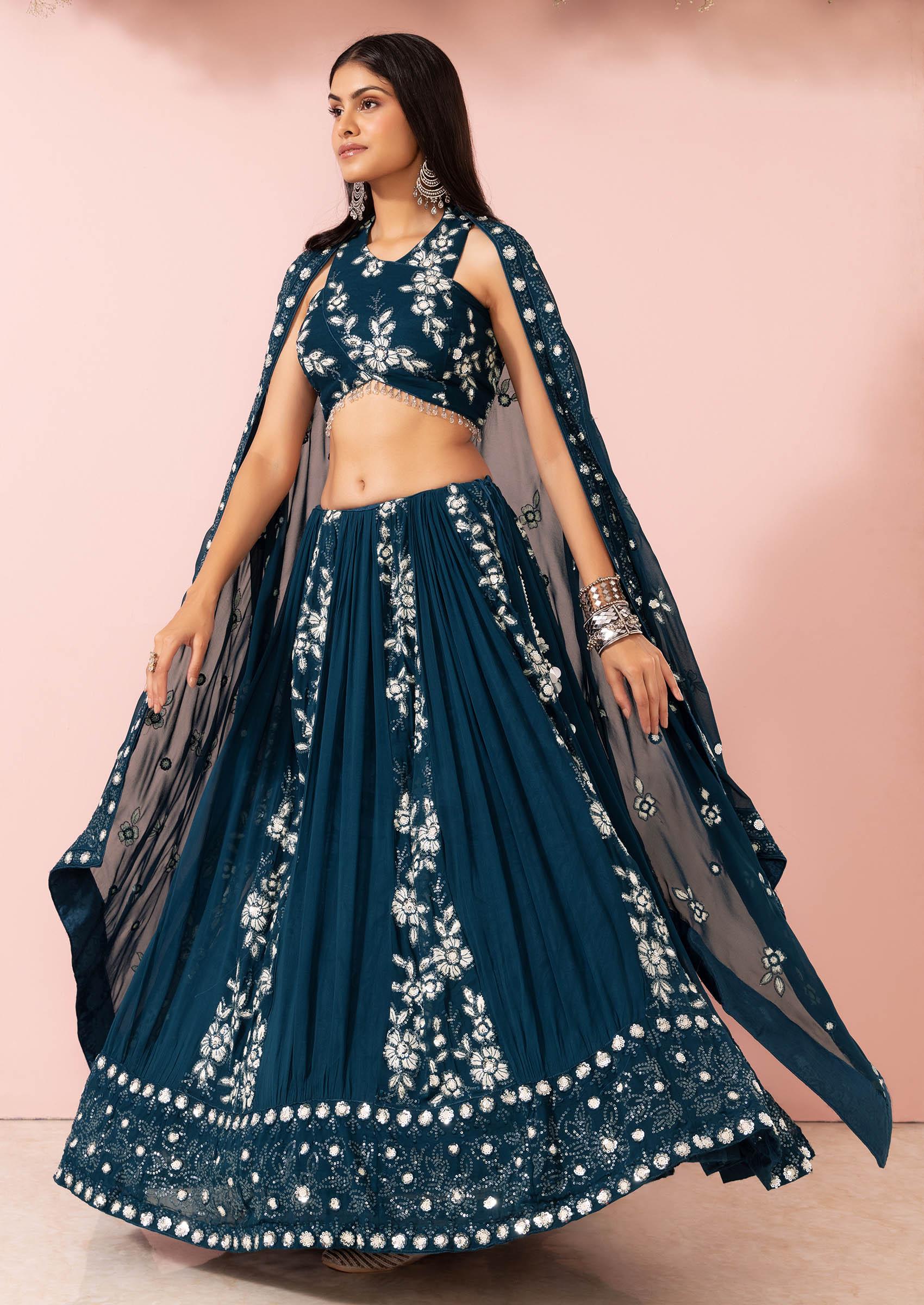 Teal Floral Thread Embroidered Lehenga Set With Halter Blouse And Dupatta - Indya
