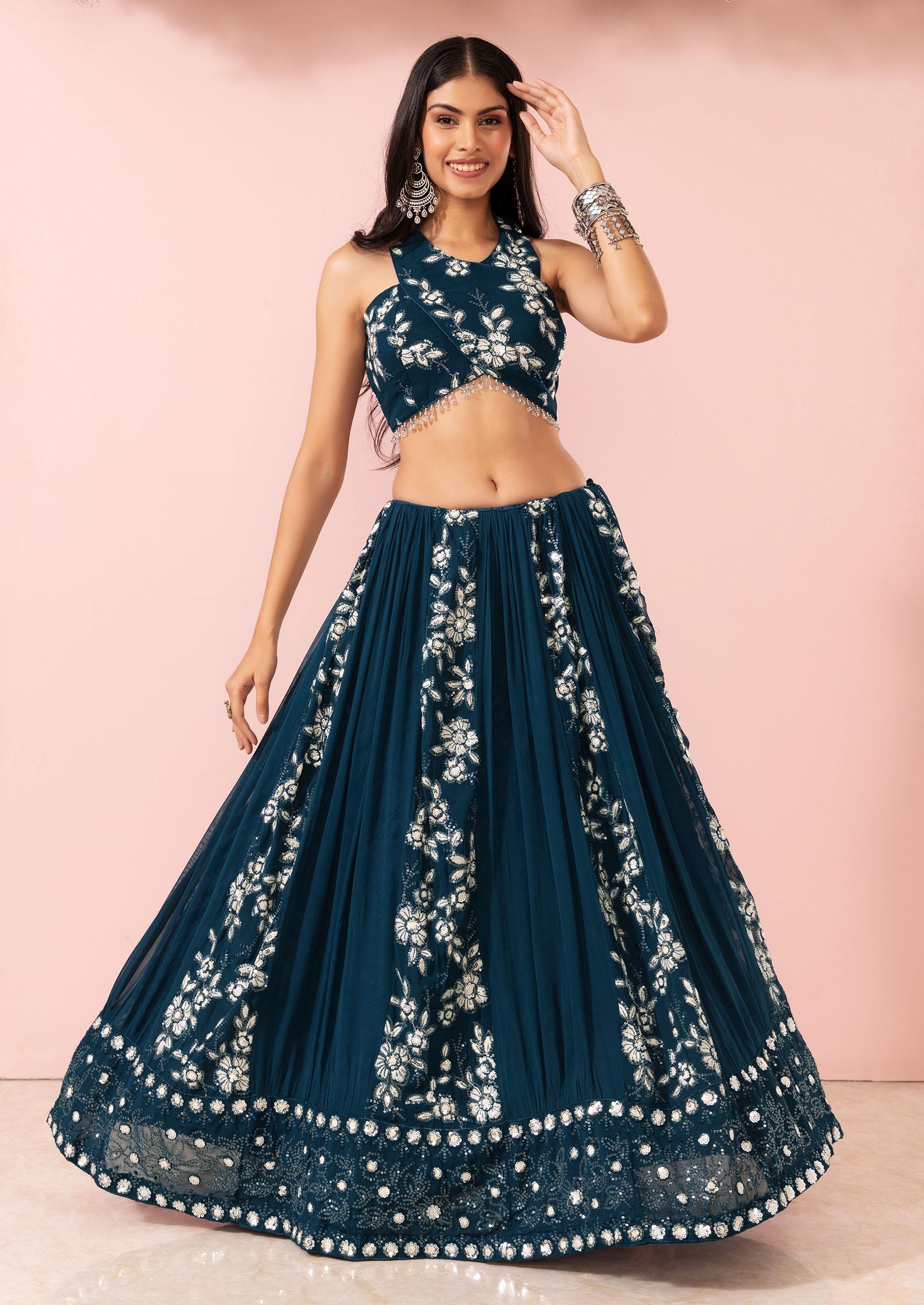 Teal Floral Thread Embroidered Lehenga Set With Halter Blouse And Dupatta - Indya