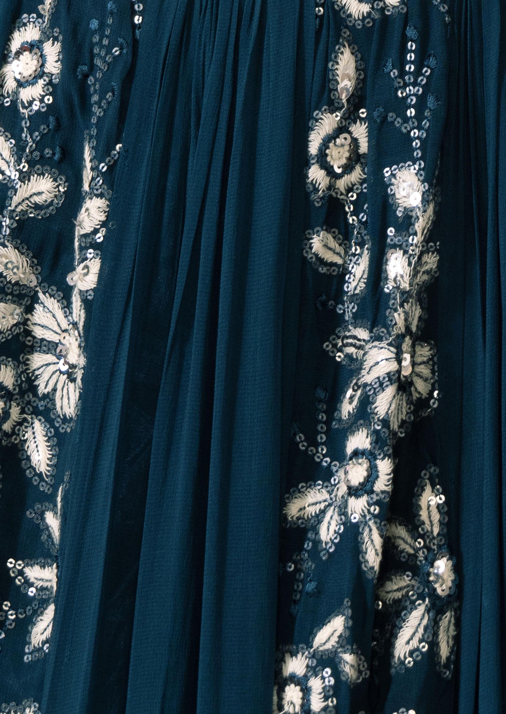 Teal Floral Thread Embroidered Lehenga Set With Halter Blouse And Dupatta - Indya