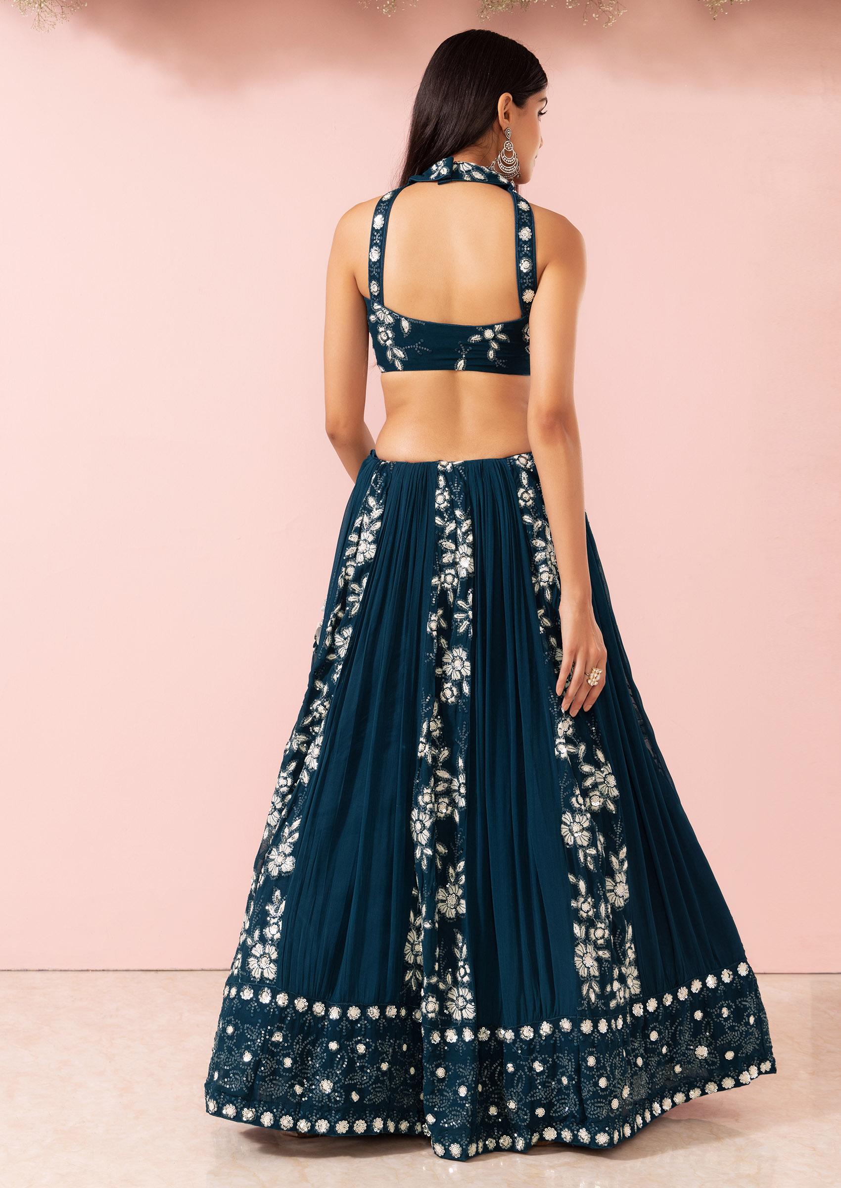 Teal Floral Thread Embroidered Lehenga Set With Halter Blouse And Dupatta - Indya