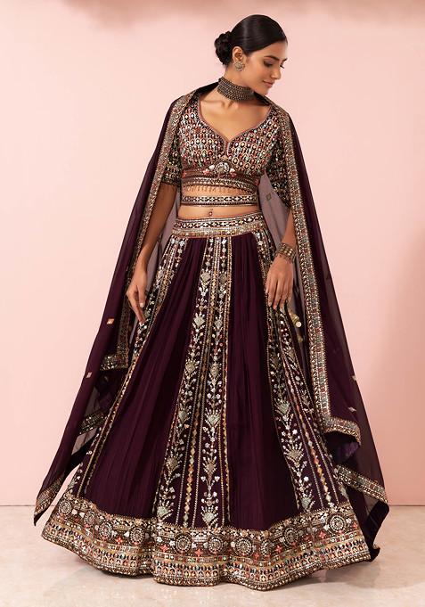 Burgundy Sequin Thread Embroidered Lehenga And Blouse Set With Dupatta And Belt
