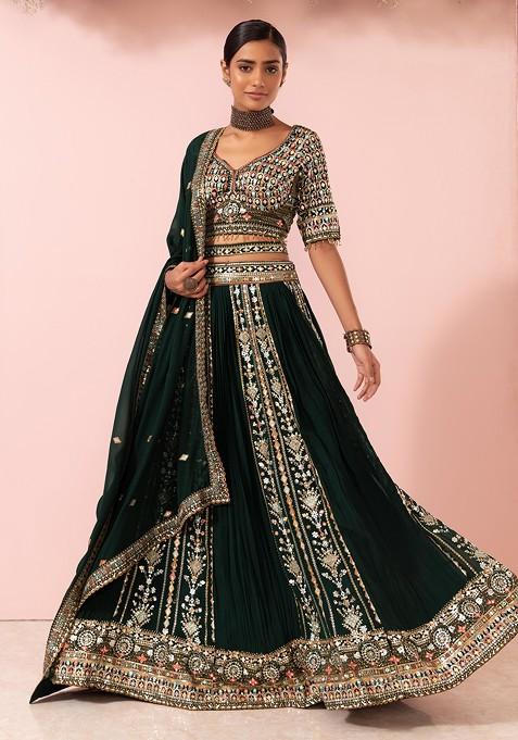 Deep Green Sequin Thread Embroidered Lehenga And Blouse Set With Dupatta And Belt