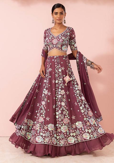 Pink Floral Hologram Sequin Embroidered Lehenga Set With Blouse And Dupatta