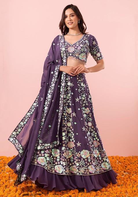 Purple Floral Hologram Sequin Embroidered Lehenga Set With Blouse And Dupatta