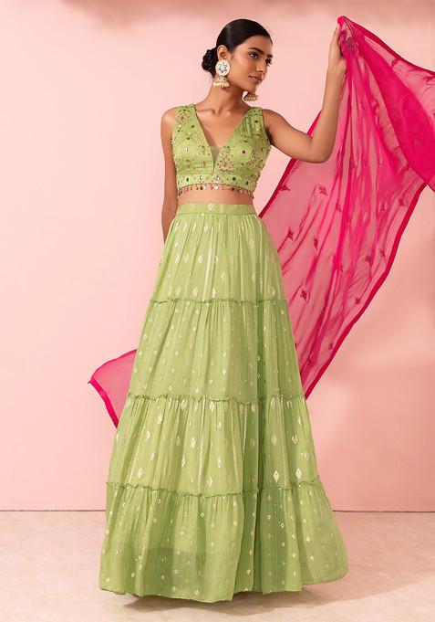 Lime Green Brocade Lehenga Set With Embellished Blouse And Contrast Dupatta