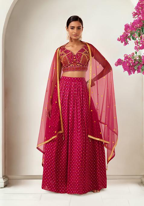 Berry Pink Bandhani Print Lehenga Set With Mirror Embellished Blouse And Dupatta