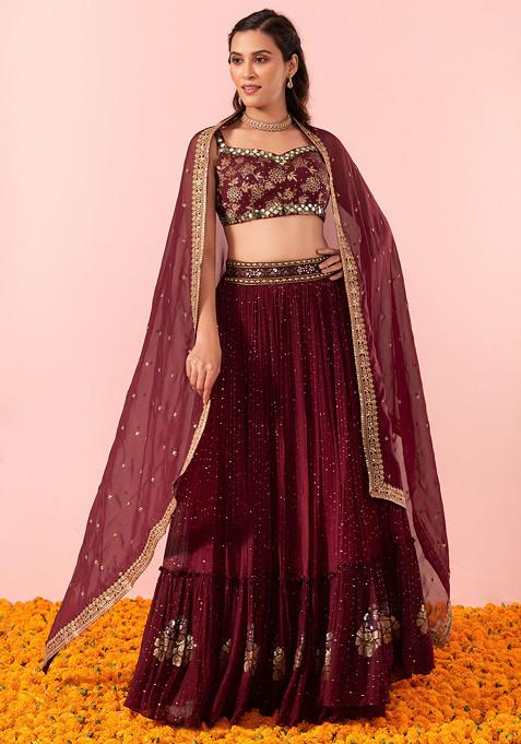 Maroon Sequin Embroidered Lehenga Set With Mirror Embellished Blouse And Dupatta