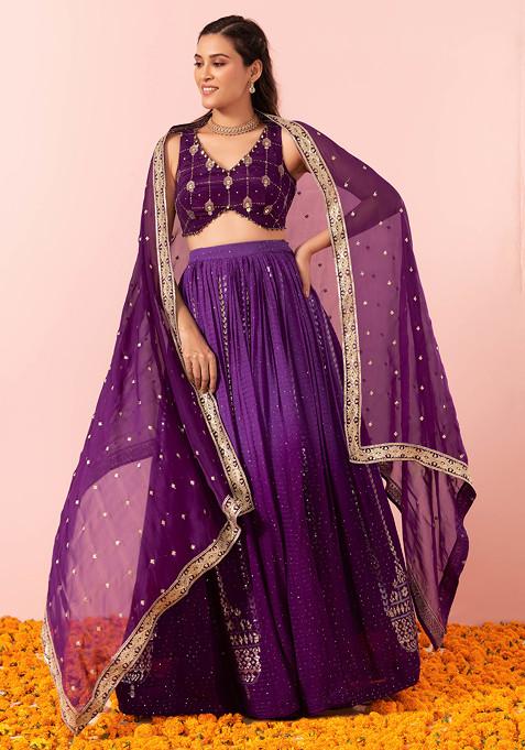 Purple Ombre Sequin Embroidered Lehenga Set With Embroidered Blouse And Dupatta