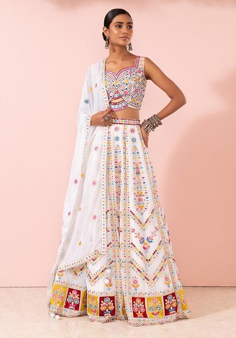 White Multicolour Mirror And Thread Embroidered Lehenga Set With Blouse And Dupatta