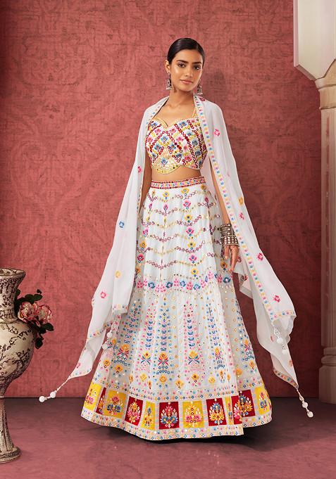 Grey Multicolour Mirror And Thread Embroidered Lehenga Set With Blouse And Dupatta