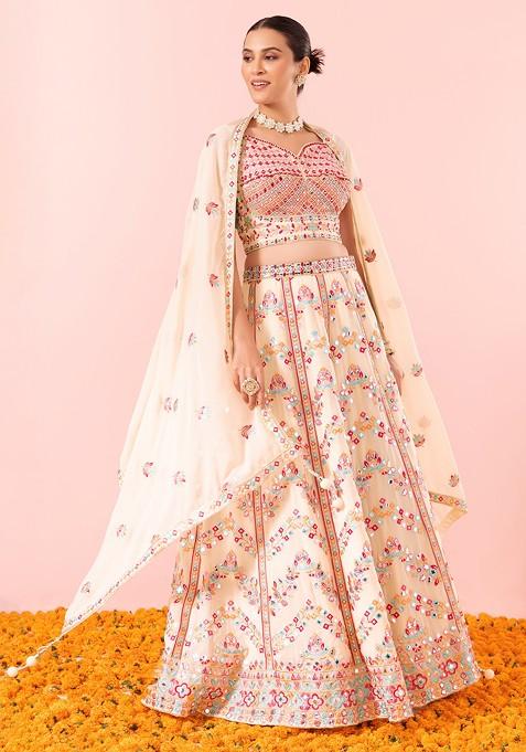 Beige Multicolour Mirror And Thread Embroidered Lehenga Set With Blouse And Dupatta