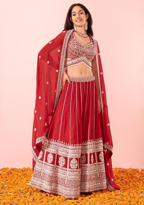 Red Sequin And Swarovski Embellished Lehenga Set With Embroidered Blouse And Dupatta