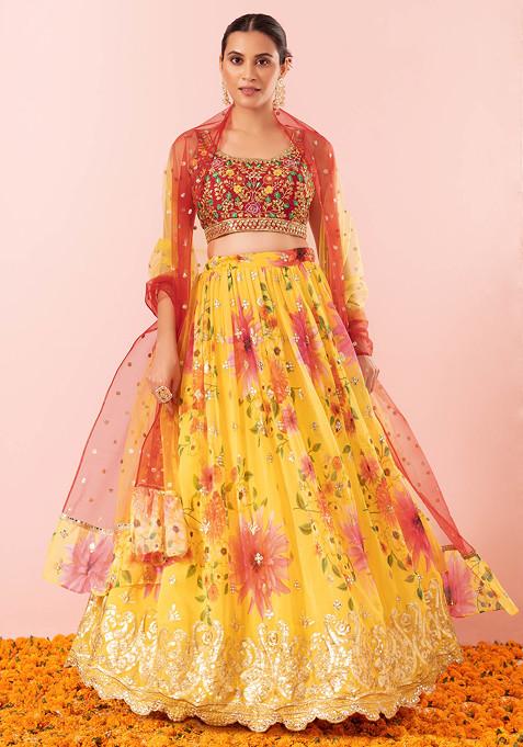 Mustard Floral Print Embroidered Lehenga Set With Contrast Blouse And Ombre Dupatta