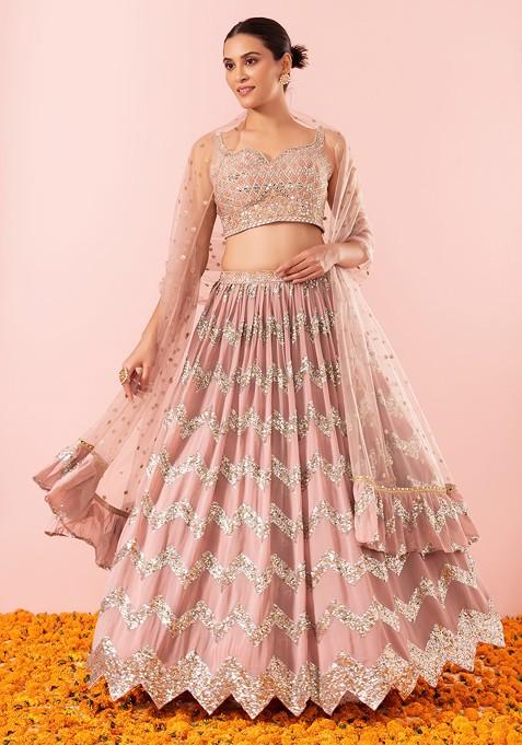 Blush Pink Chevron Sequin Embroidered Lehenga Set With Mirror Embellished Blouse And Dupatta