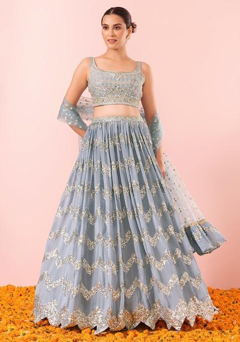 Blue Chevron Sequin Embroidered Lehenga Set With Mirror Embellished Blouse And Dupatta