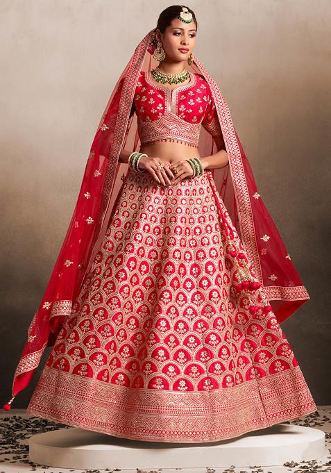Pink Zari Floral Boota Embroidered Bridal Lehenga Set With Embroidered Blouse And Mesh Dupatta