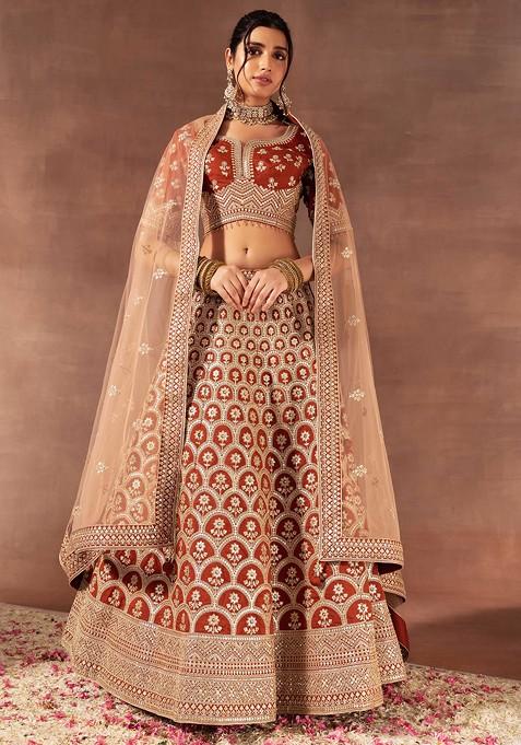Rust Zari Floral Boota Embroidered Bridal Lehenga Set With Embroidered Blouse And Mesh Dupatta