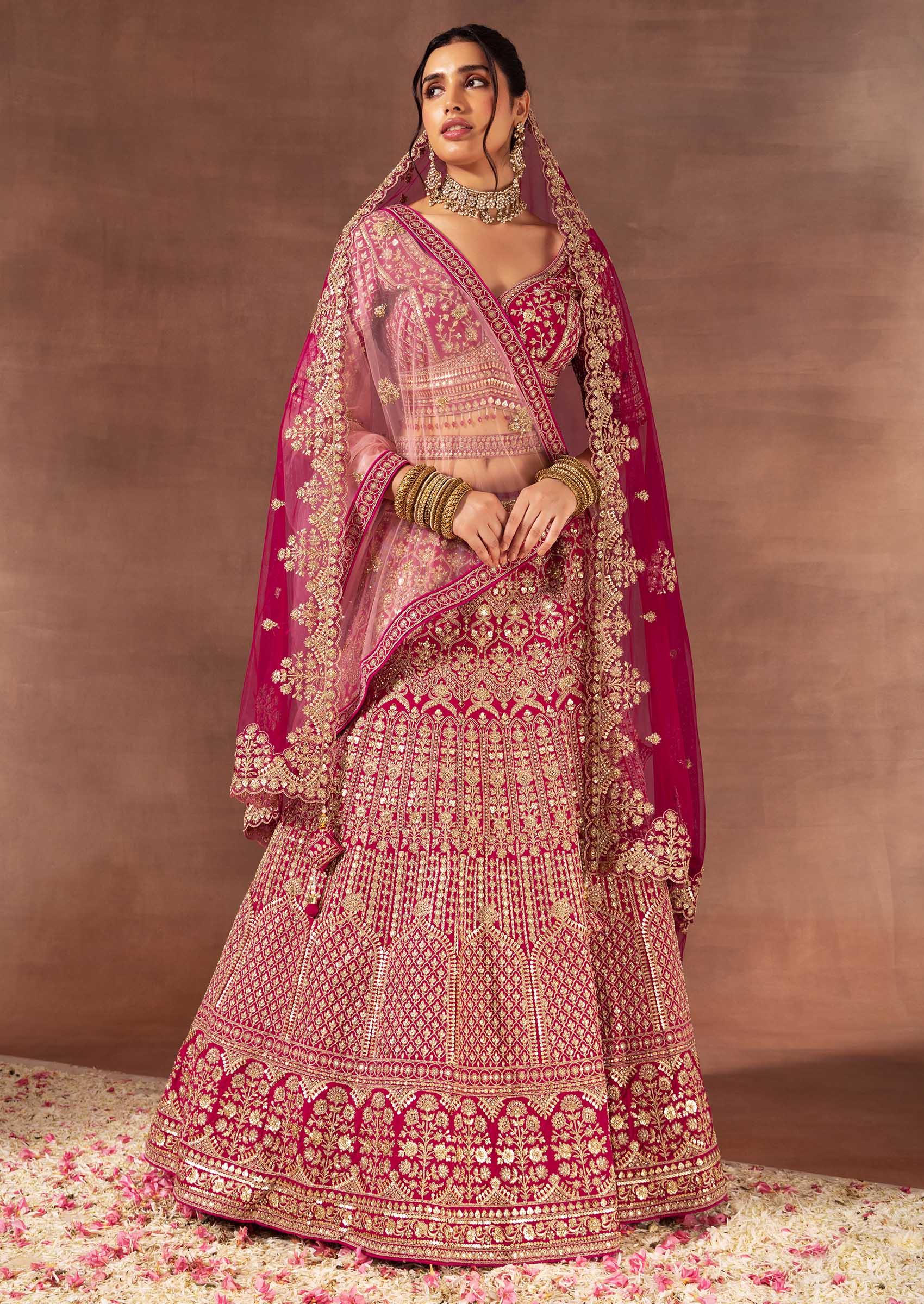 Lehenga: Soft Pink with Silver, Maroon & Pink Florals | Shringar