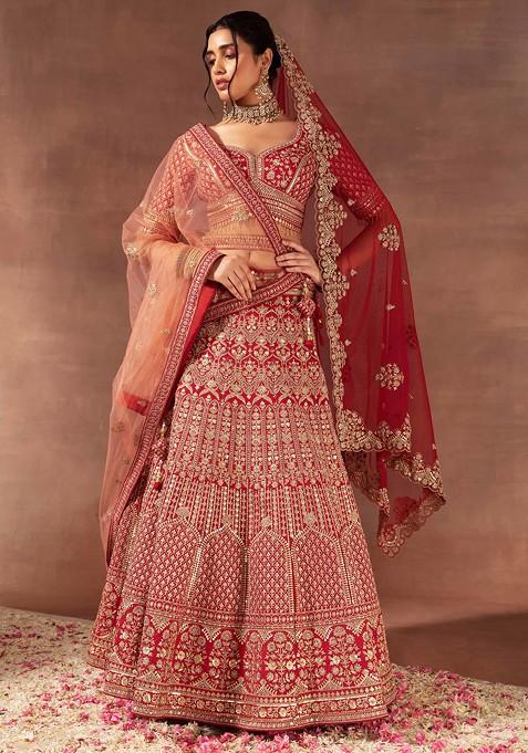 Red Zari Mughal Embroidered Bridal Lehenga And Blouse Set With Dupattas And Belt