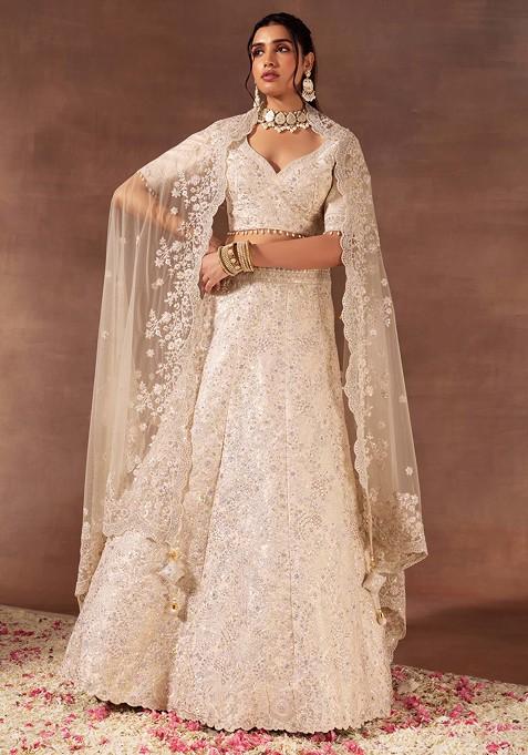 Off White Zari Sequin Scallop Embroidered Bridal Lehenga Set With Blouse And Dupatta