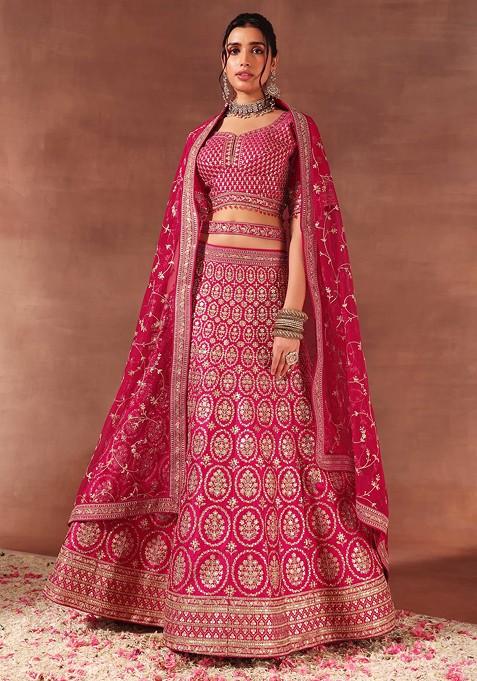 Rani Pink Zari Sequin Embroidered Bridal Lehenga And Blouse Set With Dupatta And Belt