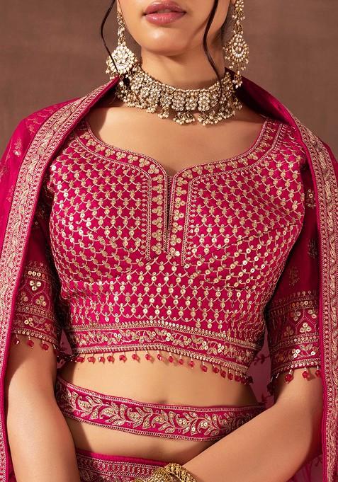 Art silk lehenga set with heavy zari, sequin embroidery & scalloped dupatta.