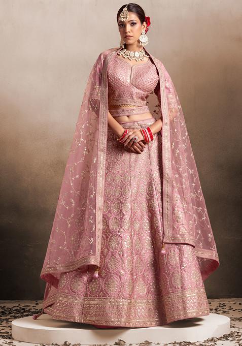Dull Pink Zari Sequin Embroidered Bridal Lehenga And Blouse Set With Dupatta And Belt