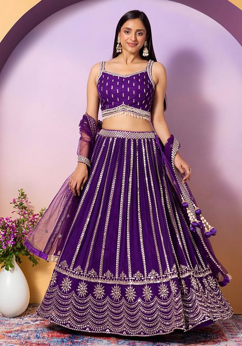 Purple Zari Scallop Embroidered Lehenga Set With Embroidered Blouse And Dupatta