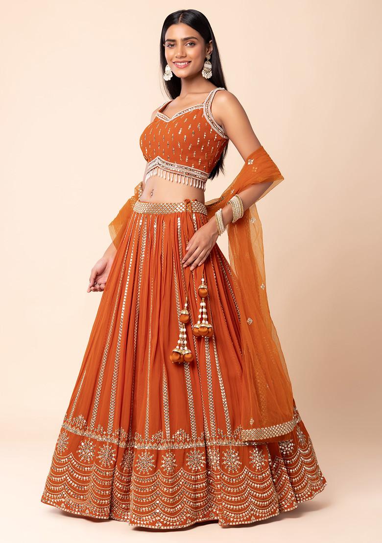 Floral Orange Lehenga Set with Zari Gold Embroidery & Sheer Shawl main image 0