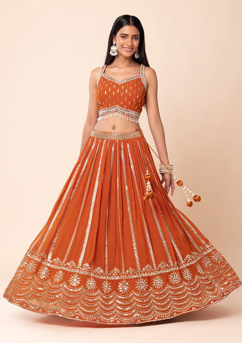 Orange Zari Embroidered Lehenga Style Suit