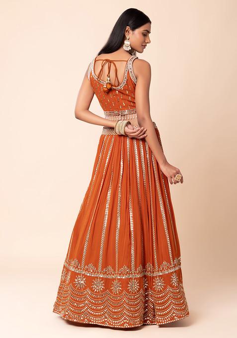 Buy Women Orange Zari Scallop Embroidered Lehenga Set With Embroidered