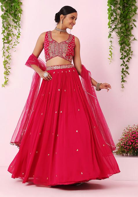 Rani Pink Gota Embroidered Lehenga Set With Embellished Blouse And Dupatta